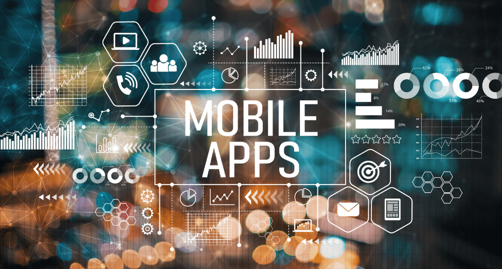 Mobile app graphics with blurred lights showing what trends are making luxury apps stand out in 2023.